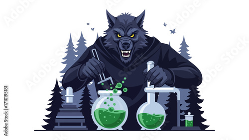 The Alchemist: An illustration of a mysterious wolf character, engrossed in the intricate art of alchemy, surrounded by beakers, vials, and a mesmerizing green potion.