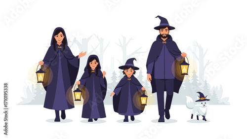Spooky Family: A family, donned in capes and witch hats, ventures forth into a stylized forest with lanterns, a white pet accompanies their journey, creating a whimsical and enchanting scene.