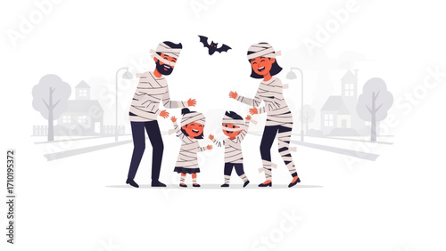 Halloween Family Costume: A family's thrilling Halloween embrace, they are all dressed as mummies, strolling through a festive town, embodies the joyful celebration of the holiday spirit.