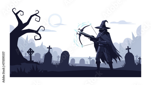 Witch's Arsenal: An enigmatic witch, armed with a magically charged crossbow, stands poised against a backdrop of a graveyard. The image captures a chilling aura. 