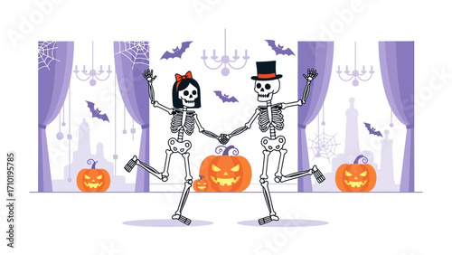 Halloween Dance: A vibrant digital illustration captures the lively Halloween spirit with two skeletons dancing in front of illuminated pumpkins. The scene.