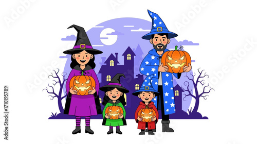 Halloween Family Portrait: A whimsical illustration depicting a family dressed as witches and wizards, smiling in front of a spooky house. The scene evokes the enchantment and fun of Halloween.