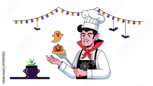 Halloween Culinary Creation: A chef, in a unique costume, brings culinary magic to life with Halloween-themed delights like ghost, pumpkin and cauldron against a decorative backdrop.