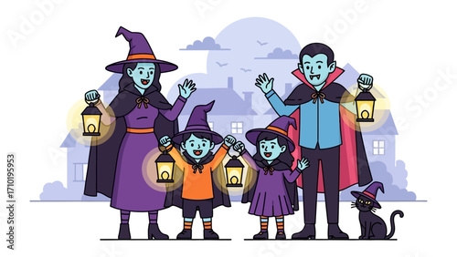 Halloween Family Illustration: A spooky illustration captures a family in playful costumes, holding lanterns against the backdrop of a Halloween night. A perfect illustration.