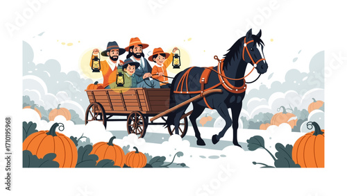 Thanksgiving Harvest Journey: A heartwarming Thanksgiving scene, featuring a family on a horse-drawn cart, navigating through a field of pumpkins, lanterns.
