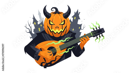 Spooky pumpkin musician: A wickedly fun Halloween character serenades with a guitar. This illustration embodies the playful spirit of the holiday.