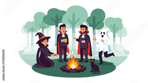 Halloween Gathering in the Forest: A delightful illustration showcasing a group of friends dressed in their favorite costumes around a bonfire, creating a scene of spooky fun and camaraderie.