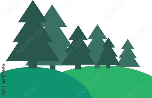 Flat Design Pine Tree Forest on Green Hills