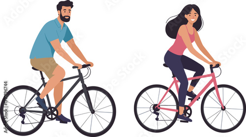 Flat vector illustration of man and woman riding bicycles, enjoying outdoor activity, healthy lifestyle, fitness exercise, and eco-friendly transportation on road