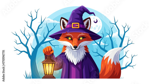 Mystical Fox in Halloween: A whimsical cartoon fox, donned in a witch's hat and cloak, holds a lantern as it stands before a spooky, cartoon-like backdrop.