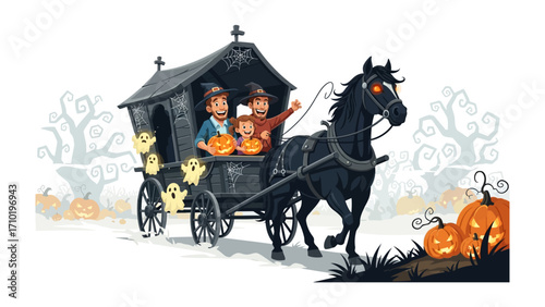 Enchanting Halloween Carriage: A whimsical scene unfolds as a horse-drawn carriage, guided by an ethereal steed, carries gleeful children through a spooky Halloween landscape.