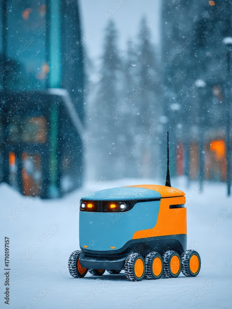 Fototapeta premium Electric Vehicle Tire Care: Machine Rolling on Snowy Terrain