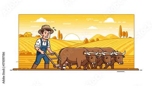The Farmer's Diligence: A cartoon representation of a farmer diligently plowing a field with the help of oxen, showcasing dedication to agriculture.