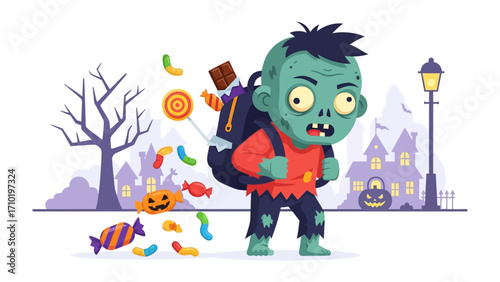 Zombie Trick-or-Treater with Halloween Candies: A charming illustration of a playful zombie carrying a backpack overflowing with Halloween treats.