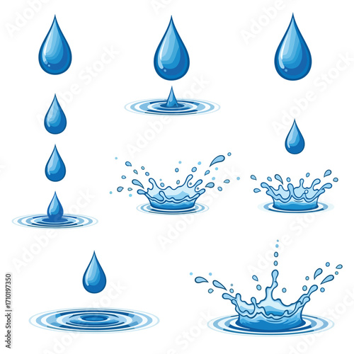 Illustration of water droplets in various stages of falling and splashing, , showcasing the dynamics of liquid motion