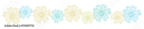 Seamless floral border with hand-drawn daisies in yellow and blue tones