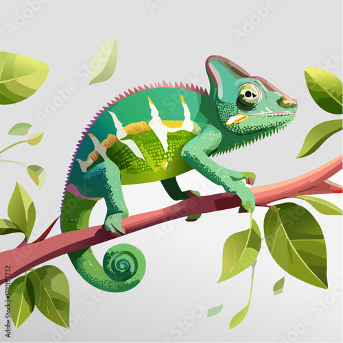 3D Chamäleon, auf Ast, grüne Umgebung, wechselnde Farben, fotorealistisch, detaillierte Haut