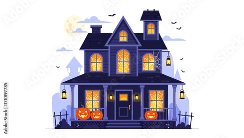 Spooky Mansion on Halloween Night: An evocative illustration of a haunted house, perfect for Halloween themes, featuring pumpkins, bats, and a full moon, under a spooky night sky.