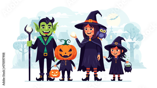 A Spooktacular Gathering: A whimsical illustration captures the enchanting essence of Halloween, showcasing a friendly goblin, a charming witch with her owl companion, a grinning jack-o'-lantern.