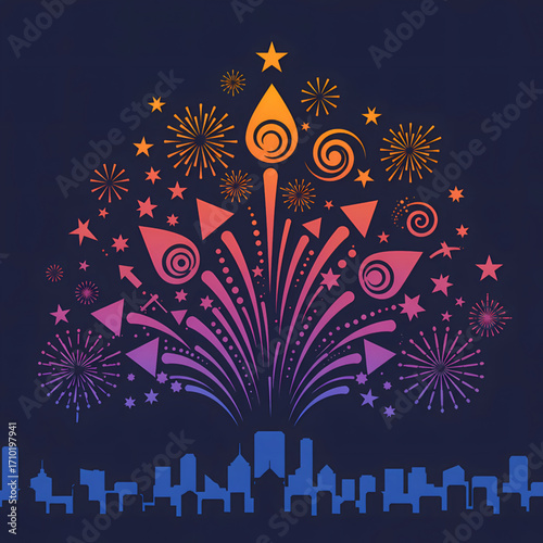 Abstract Fireworks over City Skyline at Night with Geometric Shapes