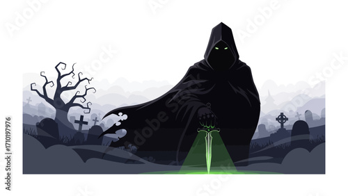 Shadow Figure: A chilling illustration depicts a spectral figure shrouded in darkness, illuminated by an eerie green glow emanating from a blade, standing ominously amidst a graveyard.