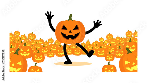 Halloween Pumpkin Gathering: A grinning pumpkin stands proudly in the midst of a joyous gathering of fellow pumpkins, epitomizing the playful spirit of Halloween.