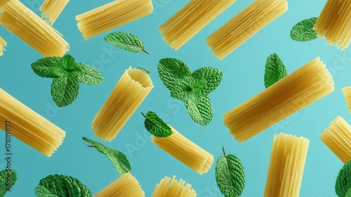 Overhead shot of rigatoni pasta and mint leaves scattered on a blue surface, creating a visually appealing pattern