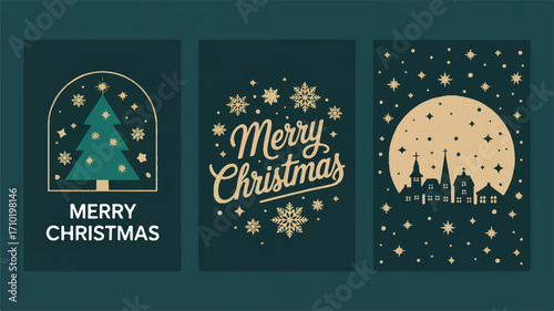 Elegant collection of three minimalist Christmas greeting cards, showcasing festive winter scenes, decorative typography, and warm holiday season wishes