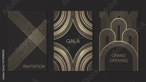 Luxurious trio of elegant abstract Art Deco templates with golden geometric patterns on a sophisticated dark background, ideal for premium event invitations and upscale branding designs