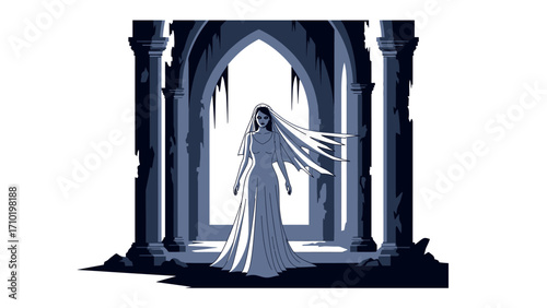 Haunting Bride: In a gothic architectural setting, a spectral bride in flowing dress, her veil billowing in the wind. This art piece is a stark representation of a spectral vision.