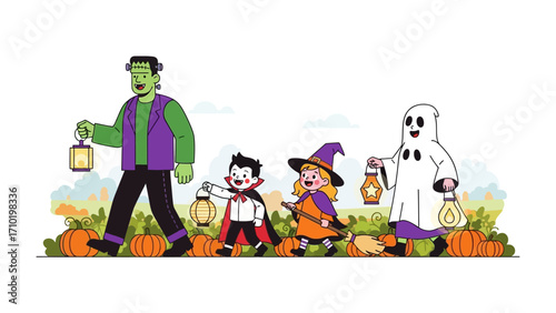 Halloween Parade: An illustrative depiction of a charming Halloween parade, with a diverse array of costumed figures marching forward, each holding a lantern.