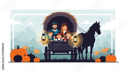 Family Journey: The family travels happily in a rustic horse-drawn carriage, heading to their destination. The festive atmosphere includes pumpkins, lanterns.