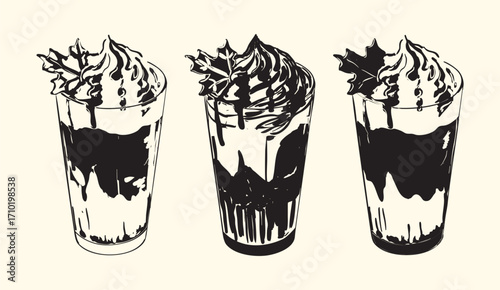 Vintage Pumpkin Spice Latte Illustration Set with Whipped Cream and Seasonal Toppings
