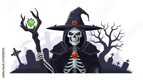 Spectral Sorcerer: An enchanting illustration of a skeletal sorcerer, cloaked in mystery, wielding a staff, against a backdrop of a haunted graveyard.