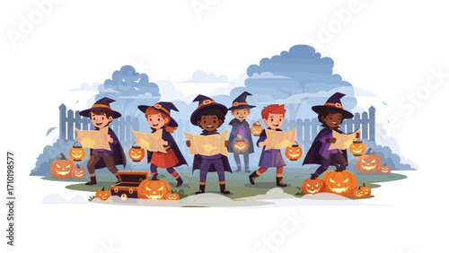 Enchanting Halloween Explorers: A group of costumed children, radiating excitement, embarking on a spooky adventure in an illustration