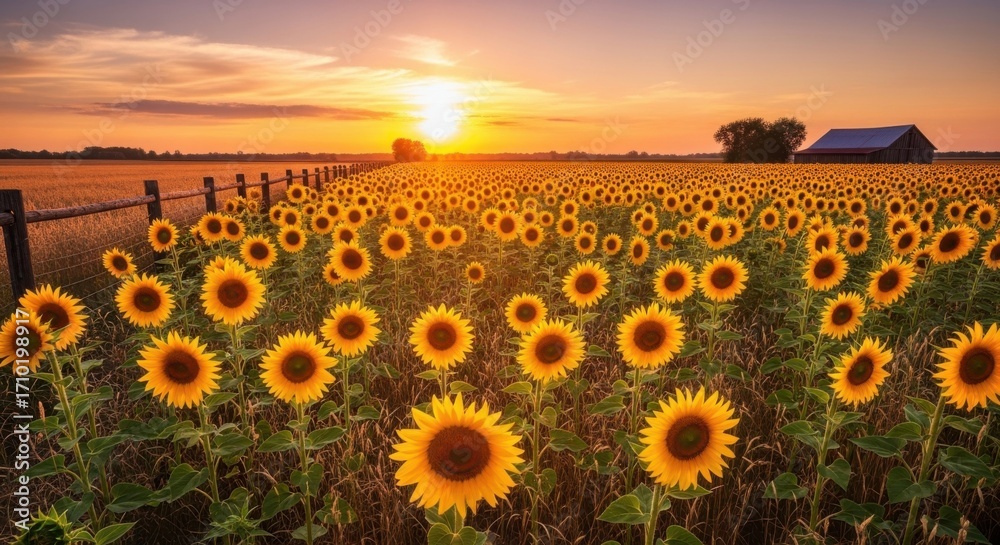Obraz premium Stunning sunflower field under a golden sunset sky creating a warm and glowing atmosphere