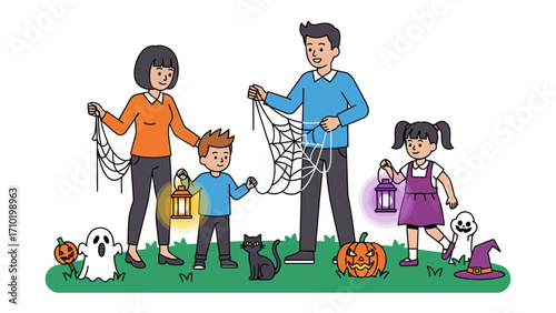 Halloween Family Decorating: A family collaborates joyfully, preparing for Halloween by hanging decorations in their yard with vibrant illustrated style, and the playful spirit of Halloween.