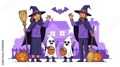 Happy Halloween Family Gathering: A family dressed in Halloween costumes and smiles, a festive atmosphere with cute ghosts and cheerful pumpkins. and the spooky decorations.