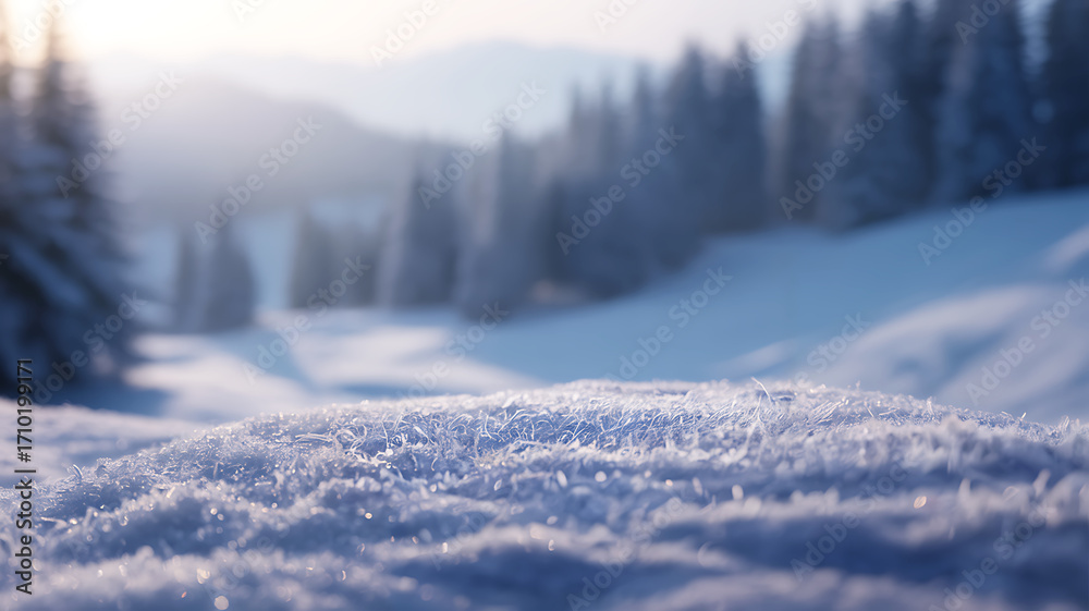 Obraz premium Frosty snow crystals in winter forest landscape at sunrise. Copy space