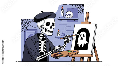 Artistic Skeleton's Halloween Canvas: A skeletal artist, complete with beret and palette, meticulously paints a ghost on an easel, surrounded by candles, spiderwebs, and a spooky skull.