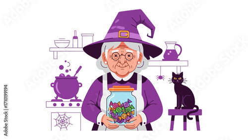 Witch with Magic Potions: A charming witch, adorned with a pointed hat, glasses, and a spell book, crafts potions in her mystical kitchen.