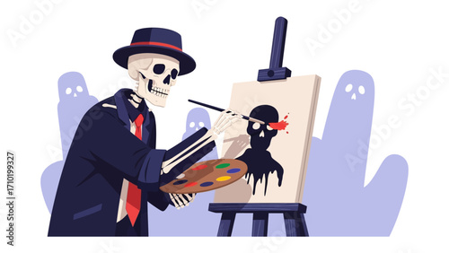 Eerie Artist's Vision: A skeletal artist, complete with a dapper hat and suit, brings a grim masterpiece to life on the canvas, painting a skull amidst a backdrop of spectral figures.