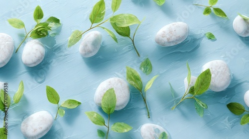Overhead view of white pebbles and green leaves on a light blue background, creating a refreshing and natural composition