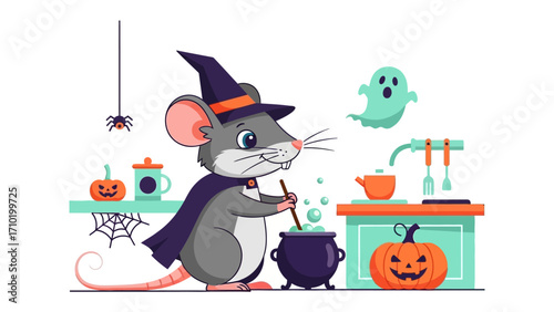 Halloween Witch Mouse: A charming illustration features a gray mouse dressed as a witch, stirring a cauldron, surrounded by festive Halloween elements.