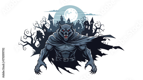 Werewolf's Roar: A fearsome illustration depicts a powerful werewolf in a gothic landscape, illuminated by a full moon, evoking the mystery and suspense of Halloween.