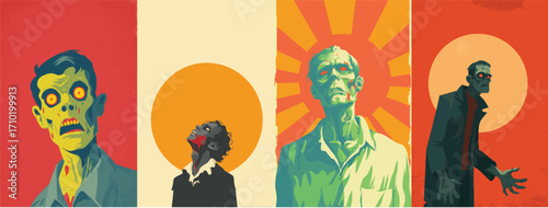 Halloween zombie poster background design in flat vector style with creepy undead characters illustration