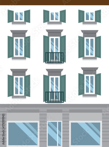 A vector illustration of a facade with windows, balconies, and shop fronts. Italian historic center style. Ideal for design, architecture, and tourism.