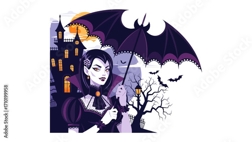 Gothic Vampire Illustration: A captivating illustration of a vampire stands gracefully beneath an umbrella, set against a backdrop of a mysterious castle under a moonlit sky.