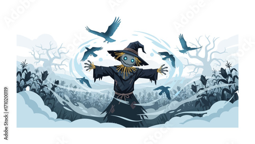 Mysterious Scarecrow in the Field: A whimsical scarecrow stands defiantly, surrounded by playful crows. A scene straight out of a fantasy novel.
