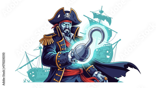 Pirate with hook and ship in sea: A swashbuckling pirate stands tall, his hook glinting menacingly as he commands the high seas, with a ghostly ship sailing silently in the background. 